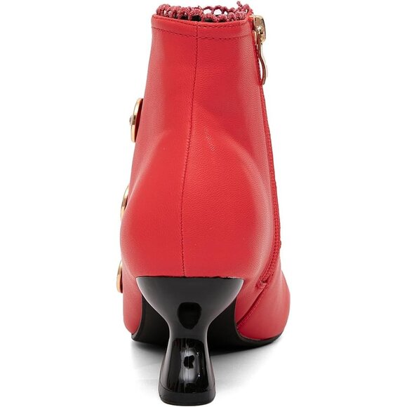 Women's Red Ankle Boots Low Heels Lace Buttons Round Toe Side Zipper - Picture 4 of 7